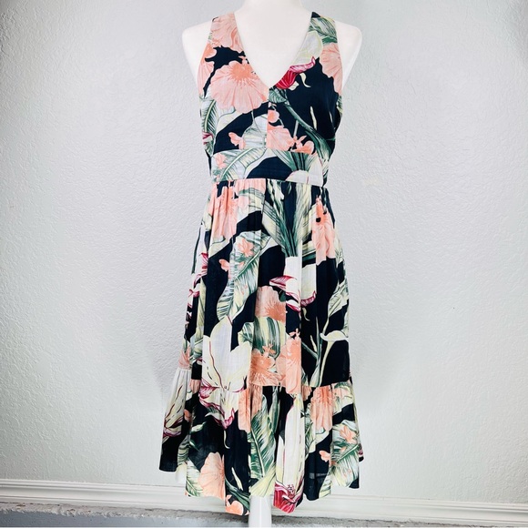 Ann Taylor Island Tropical Floral Navy Sleeveless Cross Back Flair Midi Dress - Picture 16 of 16